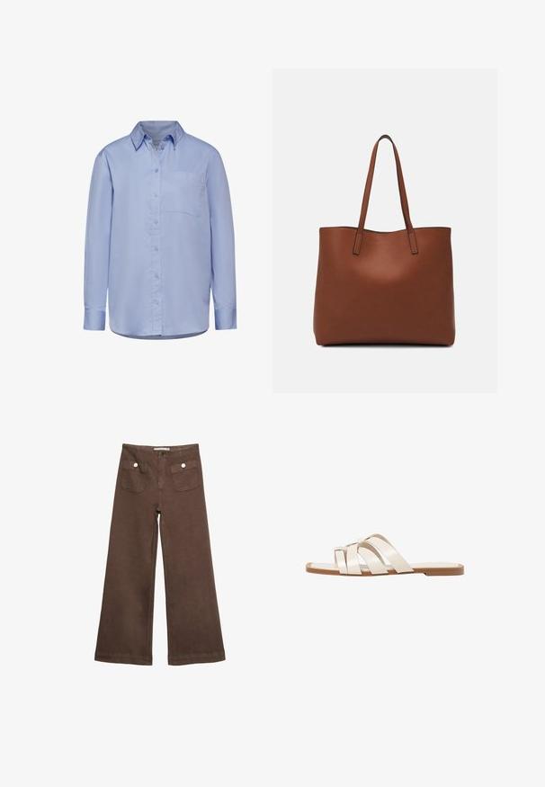 Helles blaues Langarmhemd aus Baumwolle mit Button-Down-Kragen, Brusttasche und geradem Saum. Glatte Stofftextur.; Braune weit geschnittene Hosen aus Baumwolle, mit zwei Fronttaschen mit silbernen Knöpfen und einer glatten Textur.; Flache Sandalen mit einer honigfarbenen Gummisohle, gestaltet mit drei überlappenden weißen Lederriemen und einem kleinen Schleifendetail in der Mitte.; Braune Leder-Tote mit glatter Textur, offenem Oberteil und zwei Schulterriemen. Verfügt über minimale Nähte und keine sichtbaren Beschläge.