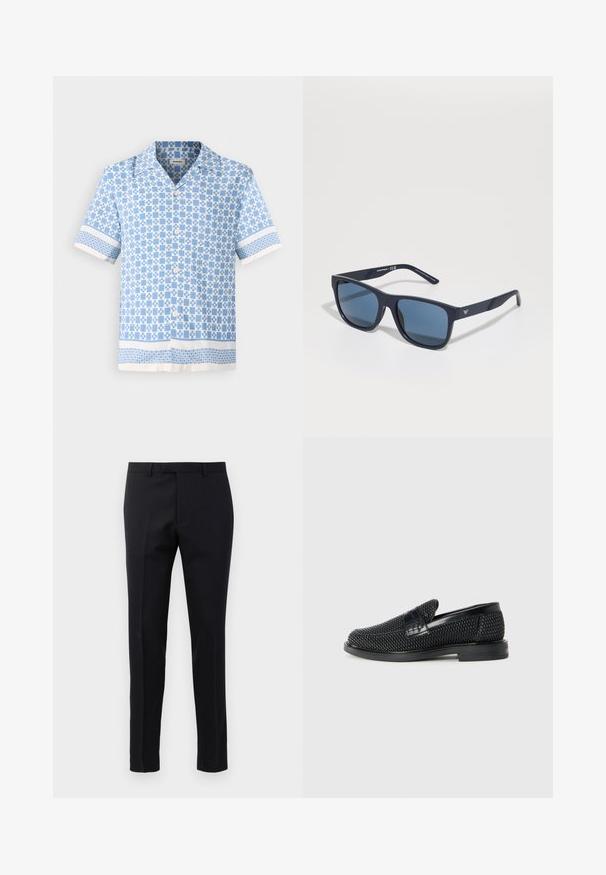 Camicia a maniche corte con bottoni di colore blu chiaro, con un motivo geometrico, dotata di un collo morbido e dettagli bianchi a contrasto su maniche e orlo.; Pantaloni eleganti neri realizzati in tessuto liscio, con un design su misura, gambe dritte, passanti per cintura e davanti piatto.; Scarpa nera a mocassino intrecciata con un accentuato in pelle liscia sulla parte superiore, design a punta rotonda e suola in gomma a profilo basso.; Occhiali da sole rettangolari blu con lenti scure, montatura opaca blu navy, dettaglio del logo sulla tempia, aste dritte e una texture solida e liscia.