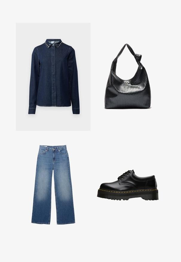 Camicia in denim scuro con bottoni sulla parte anteriore, maniche lunghe e colletto con borchie metalliche decorative. Tessuto morbido, taglio classico.; Jeans in denim chiaro a gamba larga, dall'aspetto sbiadito, con cinque tasche e chiusura a bottone in vita. Materiale in cotone, taglio dritto.; Scarpa nera in pelle con lacci, dotata di una soletta in gomma nera spessa e seghettata e cuciture gialle lungo il bordo, con una finitura liscia.; Borsa a mano in pelle intrecciata nera con un design morbido, dotata di una tracolla annodata e di un piccolo chiodo decorativo in oro nella parte superiore.