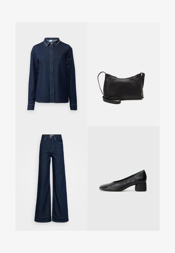 Dark denim shirt with a button-up front, long sleeves, and a collar featuring decorative metal studs. Smooth texture, classic cut.; Dark blue high-waist wide-leg jeans with front pockets, belt loops, button closure, and visible stitching on a white background.; Black leather pump with a rounded toe and mid-block heel. Smooth texture with minimal detailing, featuring a subtle elastic opening.; Black leather shoulder bag with a smooth texture, curved shape, adjustable strap, and a zip closure. Minimalist design without embellishments.