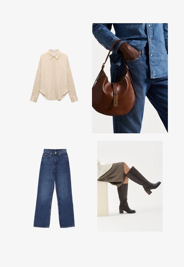Beige langærmet skjorte med spidse krave, løs pasform og afrundet kant. Lavet af et let, tekstureret stof. Knaplukning foran og ved håndleddene.; Bredde ben blå denim jeans med høj talje, der har en knaplukning, fem lommer og diskret falmning på stoffet.; Brune læder støvler til knæene med firkantet tå, kraftig hæl og sidelukning. Glat tekstur med en poleret overflade.; Brun læder hobo taske med en afrundet form, der har et guldhardware-element og kontraststing. Sammen med en denimskjorte og jeans.