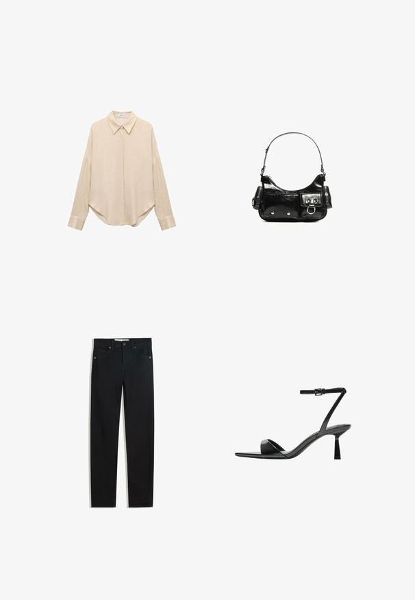 Beige long-sleeve shirt with a pointed collar, loose fit, and rounded hem. Made from a lightweight, textured fabric. Buttoned front and cuffs.; Black denim pants with a straight leg design, five pockets, metal button closure, and subtle stitching details. Smooth texture.; Bershka High heeled sandals - black; Black patent leather handbag with a curved shape, one shoulder strap, front pockets, and silver-tone hardware accents.