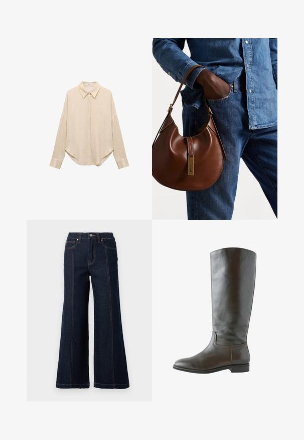 Beige langærmet skjorte med spidse krave, løs pasform og afrundet kant. Lavet af et let, tekstureret stof. Knaplukning foran og ved håndleddene.; Bredde ben jeans i mørk denim. Har høj talje, to frontlommer og kontrasterende orange syninger langs sømmene.; Brun læder knæhøj støvle med en glat overflade, rund tå og minimal syning. Sålen er flad med en lav hæl.; Brun læder hobo taske med en afrundet form, der har et guldhardware-element og kontraststing. Sammen med en denimskjorte og jeans.