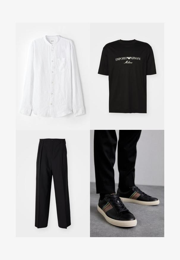 White long-sleeve shirt made of textured fabric, featuring a band collar, button closure, single chest pocket, and silver buttons.; Black cotton T-shirt featuring a round neckline, short sleeves, and "EMPORIO ARMANI" logo in white above "Milano" in a curved design.; Black pleated trousers with a straight, wide-leg design. Made from smooth fabric, featuring a button closure and belt loops.; Black leather sneakers with multicolored striped accents, round toe, and white rubber soles, featuring lace-up design and embossed branding.