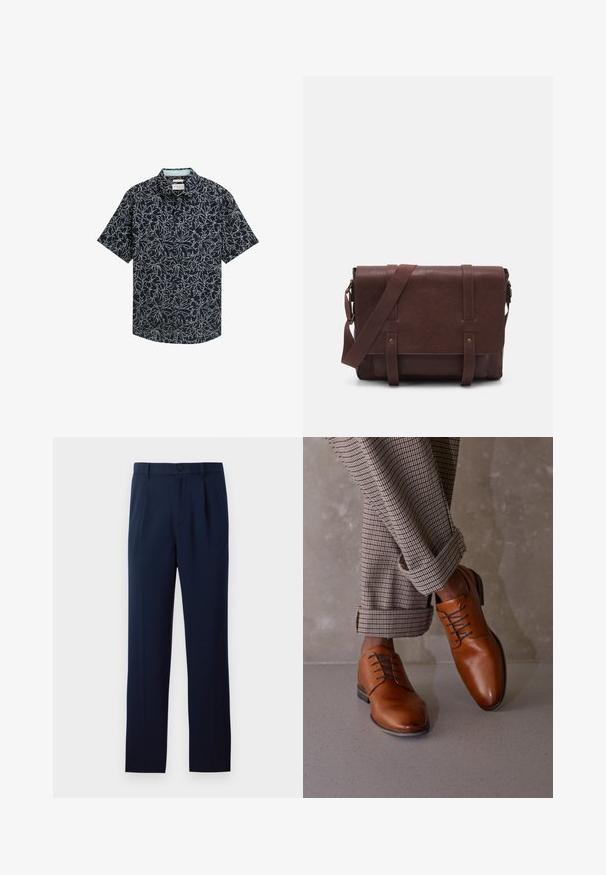 Camicia a maniche corte con bottoni in tessuto blu navy, caratterizzata da un motivo floreale bianco, colletto casual e orlo dritto con due bottoni.; Pantaloni blu navy realizzati in tessuto liscio, con chiusura a un bottone, pieghe e gambe dritte. Design minimalista senza motivi di rilievo.; Le scarpe in pelle marrone presentano una punta arrotondata, un design con cinque occhielli per i lacci e lacci scuri a contrasto. I pantaloni sono a scacchi, arrotolati sui polsini.; Borsa a tracolla in pelle marrone con un davanti piatto, due cinghie, dettagli in metallo dorato e una tracolla regolabile.