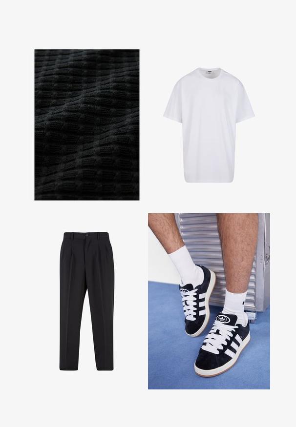 Zwarte gebreide stof met een gestructureerd, rasterachtig patroon, waarbij verhoogde vierkanten diepte en een zachte, tactiele uitstraling bieden.; Witte katoenen t-shirt met korte mouwen, ronde hals, relaxte pasvorm en zonder zichtbare logo's of patronen. Gladde textuur en minimalistisch ontwerp.; Zwarte broek met een geplooid design aan de voorkant, gemaakt van soepel stof. Voorzien van een knoopsluiting en riemlussen; rechte pasvorm.; Zwarte suède sneakers met witte veters en drie witte strepen. Heeft een cirkelvormig zwart logo op de tong en een gumrubberen zool.