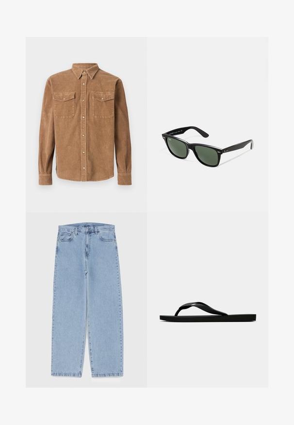 Hnedá kordurová košeľa s golierom na gombík, dvoma náprsníkovými vreckami a štruktúrovaným povrchom. Obsahuje gombíkovú prieklopku a dlhé rukávy.; Biely bavlnený tielko s okrúhlym výstrihom, širokými ramennými popruhmi a rovnom spodným lemom, ktoré má hladkú textúru a žiadne viditeľné vzory.; Svetlomodré denimové džínsy s rovnými nohavicami, s polovysokým pásom, piatimi vreckami a zapínaním na gombík a zips.; Čierne gumené žabky s textúrovaným popruhom a jednoduchou plochou podrážkou, zobrazené z boku na jednofarebnom svetlom pozadí.; Čierne plastové slnečné okuliare so zelenými šošovkami, štvorcové rámy, strieborný akcent na obočí a textúrované ramenné opierky. Brand uvedený na vnútornej strane ramien.; Hnedá kožená messenger taška s plochým predným klopom, dvoma popruhmi, zlatými kovovými detailmi a nastaviteľným ramenným popruhom.