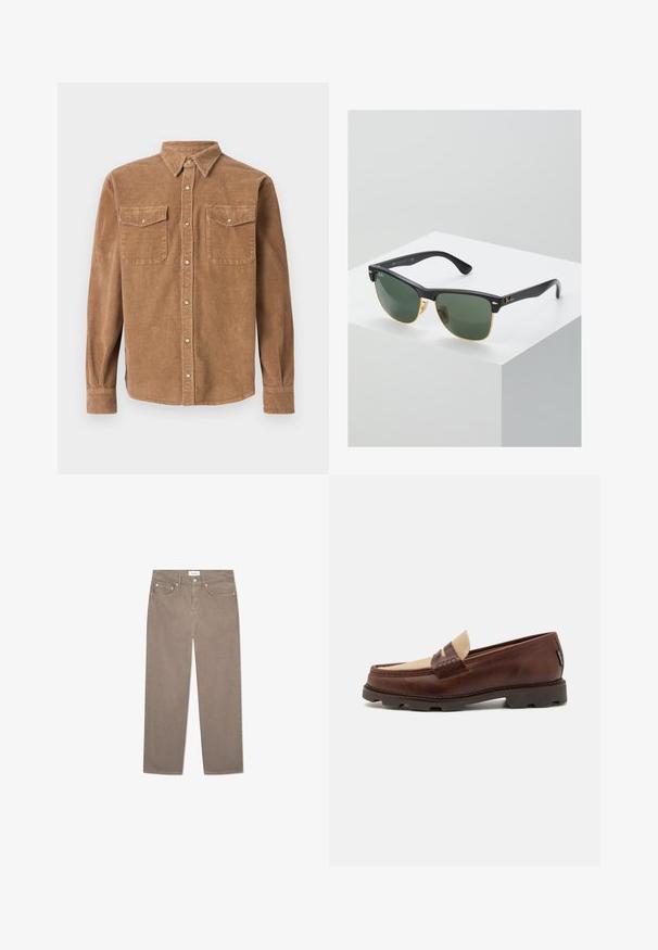 Barna kordbársony ing, gombos gallérral, két mellzsebbel és texturált felülettel. Gombos záródással és hosszú ujjakkal rendelkezik.; Fehér pamut ujjatlan felső kerek nyakkivágással, széles vállpántokkal és egyenes szegéllyel, sima textúrával, látható minták nélkül.; Barna egyenes szárú farmer, amely öt zsebes kialakítással, fém kiegészítőkkel és sima textúrával rendelkezik. Az anyag finom, egyenletes mintázatú.; Barna bőr loafer cipők taupe vászon díszítéssel, varrott részletekkel és texturált gumi talppal, amely a kényelemről és tartósságról gondoskodik.; Ray-Ban napszemüveg zöld lencsékkel, fekete műanyag kerettel és arany díszítéssel a széleken. Négyzet alakú, matt felülettel.