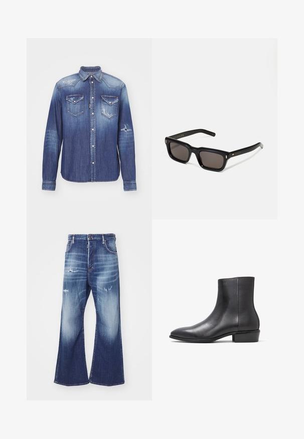 Camisa de mezclilla azul con collar puntiagudo, mangas largas, dos bolsillos en el pecho, detalles desgastados y cierre de botones a presión. Acabado desgastado en toda la prenda.; DSQUARED2 ICON EROS - Vaqueros boyfriend - navy blue; ALDO PILLOWWALK+FLEX INSIDE ZIP AMUR - Botines - open black; Gafas de sol rectangulares negras con lentes oscuros, marco de plástico grueso, acentos dorados en las patillas y logotipo de la marca grabado en el brazo.