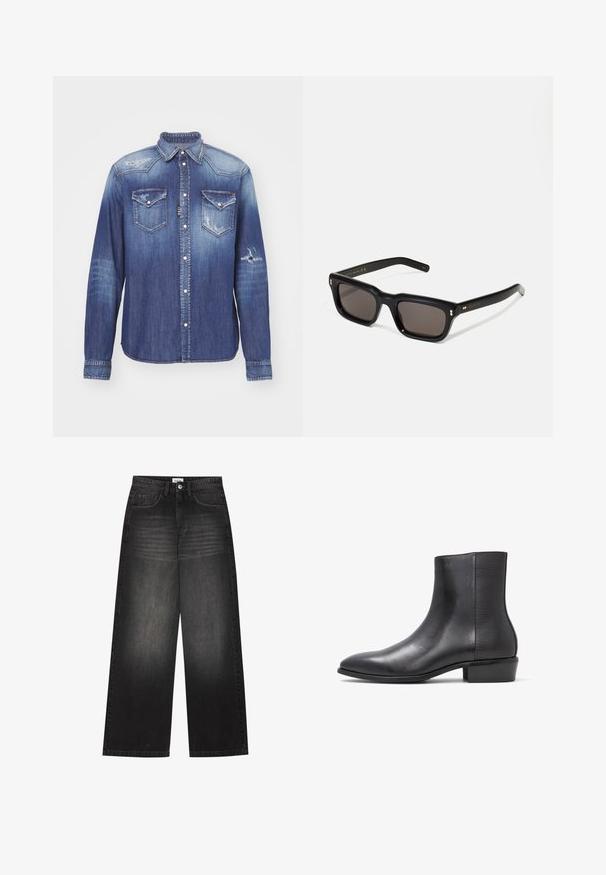 Sinine teksajakk, millel on punktkaelus, pikad varrukad, kaks rinna taskut, kulunud detailid ja nööbiga kinnitamine. Kogu jakk on pleekinud.; YOURTURN UNISEX - Baggy fit teksad - black denim; ALDO PILLOWWALK+FLEX INSIDE ZIP AMUR - Klassikalised poolsaapad - open black; Mustad mustakorruselised prillid tumedate läätsedega, paks plastikraam, kuldsed aksendid templites ning kaubamärgi logo graveeritud käe lilla.; Must mustreist nahkrist kott tekstuuriga pinnaga, klapi sulgemise ja reguleeritava rihmaga. Omab hõbedasel kujul embosseeritud "MARNI" logo.