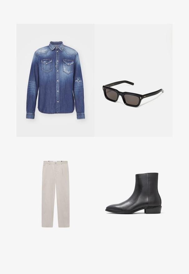 Sininen farkkupaita, jossa on pistekaulus, pitkät hihat, kaksi rintataskua, kulutettu viimeistely ja nepparikiinnitys. Haalistunut pinta kauttaaltaan.; Vaaleanbeiget housut pehmeästä kankaasta, suoran leikkauksen omaavat, joissa on kaksi sivutaskua ja etunappi. Kevyt ja sileä pinta.; ALDO PILLOWWALK+FLEX INSIDE ZIP AMUR - Klassiset nilkkurit - open black; Mustat suorakulmaiset aurinkolasit tummilla linsseillä, paksu muovikehys, kultaiset korostukset temppeleissä ja brändin logo kaiverrettuna varteen.