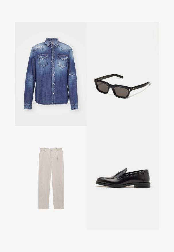 Blauwe denim shirt met puntkraag, lange mouwen, twee borstzakken, verouderde details en drukknoopsluiting. Vervaagde afwerking overal.; Lichtbeige broek van zachte stof, met een rechte snit, twee zijzakken en een knoopsluiting aan de voorkant. Lichtgewicht en gladde textuur.; Zwarte leren instappers met een gladde textuur, ronde neus en een decoratieve band over de wreef. Lage, gestapelde hak en minimalistisch ontwerp.; Zwarte rechthoekige zonnebril met donkere lenzen, een dik plastic montuur, gouden accenten op de veren en het merkembleem gegraveerd op de arm.