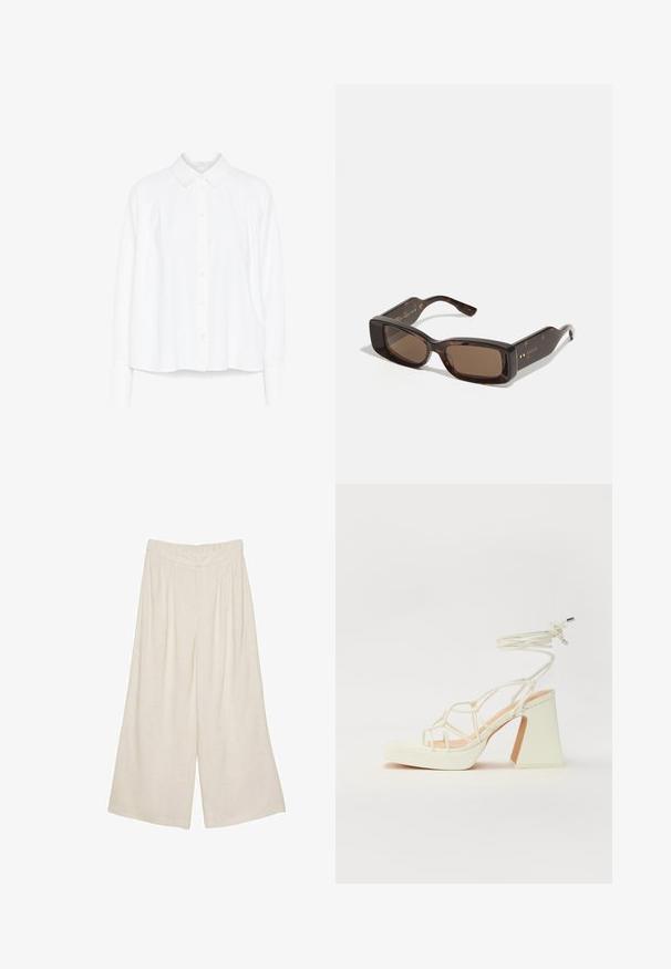 Biała koszula z długim rękawem, zapinana na guziki, z kołnierzykiem, plisowanymi detalami na ramionach i zaokrąglonym dołem. Wykonana z gładkiego, lekkiego materiału.; Lnianowe spodnie o szerokich nogawkach w jasnym beżowym kolorze z plisowanym wzorem i elastycznym pasem dla komfortu i swobody noszenia.; Biała sandał na wysokim obcasie z masywnym słupkiem, z paskowym wzorem i wiązaniem przy kostce. Gładka faktura z platformą z przodu dla dodatkowej wysokości.; Okulary przeciwsłoneczne Gucci z prostokątnymi brązowymi soczewkami, oprawą z akrylu w stylu żółwia oraz złotymi detalami logo na zausznikach.