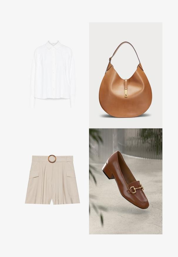 Camicia bianca a maniche lunghe con bottoni, colletto e dettagli plissettati sulle spalle, orlo curvo. Realizzata in tessuto morbido e leggero.; Shorts beige a vita alta con una cintura ampia e piatta, fibbia circolare in legno, davanti plissettato e due tasche laterali. Tessuto dalla texture liscia.; Mocassino in pelle verniciata marrone con punta quadrata, accentato da catena metallica e tacco basso; texture liscia, design minimalista.; Borsa a tracolla in pelle color cuoio dalla forma curvata e con una larga tracolla. Presenta un accento in metallo dorato al centro e una superficie liscia.