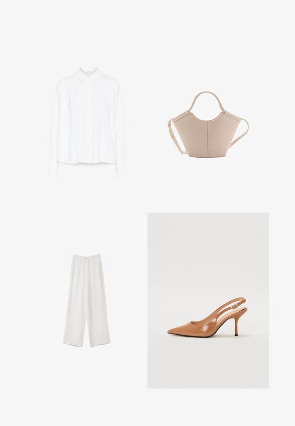Bílá košile s dlouhým rukávem a knoflíkovým zapínáním, s límečkem, na plechách s nařasením a zakřiveným lemem. Vyrobena z hladkého, lehkého materiálu.; Bílé široké kalhoty vyrobené z lehké tkaniny. Mají elastický pas se šňůrkou a boční kapsy. Hladká textura.; Sandy poprsko s úzkým podpatkem v hladkém, lesklém odstínu tan. Obsahuje zakřivený design s výřezem a štíhlý jehlový podpatek. Detail se stříbrnou sponou.; Beige kožená kabelka s jedinečným tvarem, vybavená dvěma krátkými uchy a dlouhým nastavitelným popruhem. Hladká textura s minimem kovových doplňků.