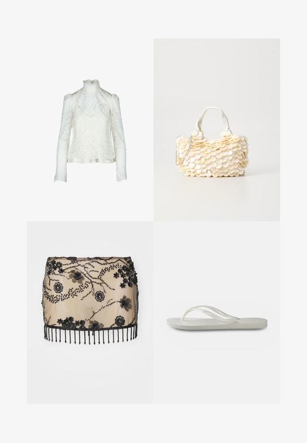 Lace top in white with high collar, puffed long sleeves, and floral pattern. Satin trim along the bottom for added detail.; Black embellished mini skirt with floral appliqués, sequins, and a beaded fringe hem. Made from sheer material with intricate detailing.; White flip-flop with a textured sole, featuring thin straps and a flat design. Made of rubber with a subtle logo on the footbed.; White handbag with textured, scalloped shell-like embellishments. Features a woven handle and a silver chain strap for versatility.