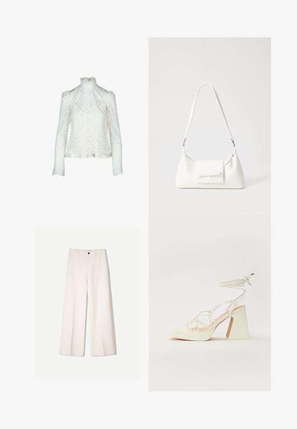 Fehér csipkefelső magas gallérral, puffos hosszú ujjakon, virágmintával. Selyemfényű díszítés az alsó részen a részletgazdagság érdekében.; Tejbézs széles lábú nadrág, szabott kialakítással, két elülső zsebbel és egyetlen elülső gombos záródással, sima anyagból készült.; Fehér, magassarkú szandál vastag sarokkal, pántos dizájnnal és bokapánttal. Sima textúra, elülső platformmal a megnövelt magasság érdekében.; Fehér szintetikus kézitáska, háromszög alakú, lapos előlap, masni részlettel, állítható pánttal, sima textúrával és minimalista dizájnnal.