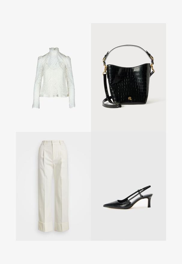 Weiße Spitze-Oberteil mit hohem Kragen, gepufften langen Ärmeln und floralem Muster. Satinstreifen entlang des unteren Saums für zusätzlichen Detail.; Weiße maßgeschneiderte Hose mit hoher Taille, doppelten Vorderfalten und weiten Beinen mit umgeschlagenen Säumen. Hergestellt aus einem glatten, strukturierten Stoff.; Schwarze Lack-Slingback-Pumps mit spitzem Zehenbereich, versehen mit strukturiertem Schlangenprint, verstellbarem Riemen und einem kurzen, strukturierten Blockabsatz.; Schwarze, krokodilgeprägte Lederhandtasche mit geschwungener Form, goldfarbenen Hardware-Akzenten, einem verstellbaren Riemen und einem Logodetail auf der Vorderseite.