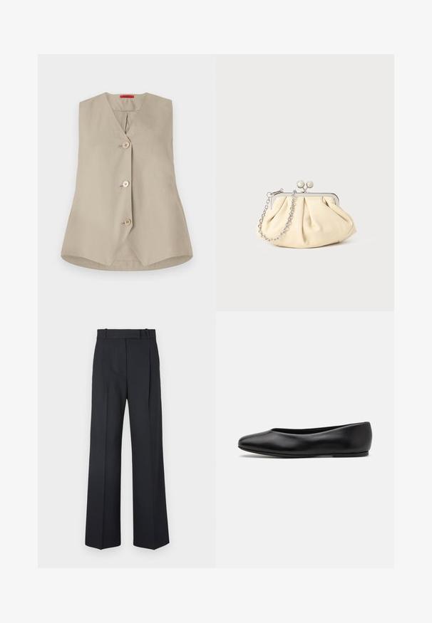 Beige ärmellose Weste mit V-Ausschnitt, ausgestattet mit drei Holzknöpfen und einem geraden Saum. Hergestellt aus glattem Stoff mit einem klaren Design.; Dunkelblaue Nadelstreifenhosen mit hoher Taille, weit geschnittenem Bein und ohne sichtbare Beschläge oder Verzierungen. Glatte Textur und taillierte Passform.; Paul Smith TOPANGA - Klassischer Ballerina - black; Faltige beigefarbene Ledertasche mit einem silbernen Metallrahmen, ausgestattet mit zwei runden dekorativen Verschlüssen und einem silbernen Kettenriemen.