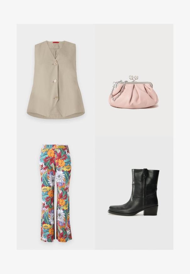 Bežinė be rankovių liemenė su V formos iškirpte, turinti tris medinius mygtukus ir tiesią apatinę kraštą. Pagaminta iš lygaus audinio su švariu dizainu.; Plati kelnės su daugiaspalve gėlių uždanga, kuriame yra oranžinės, violetinės ir smaragdinės gėlės bei žalios lapijos ant balto fono.; Juodi odiniai aulinukai iki kulkšnies su apvali nosimi, blokuotais kulnais, šonine užtrauktuku ir siuvimo akcentais ant viršutinės dalies. Lygi tekstūra, klasikinis dizainas.; Rožinė odinė rankinė su surinkta forma, metaliniu rėmu, dviem apvaliais užsegimais ir sidabrine grandinėlės dirželiu. Lygus paviršius, kompaktiška forma.