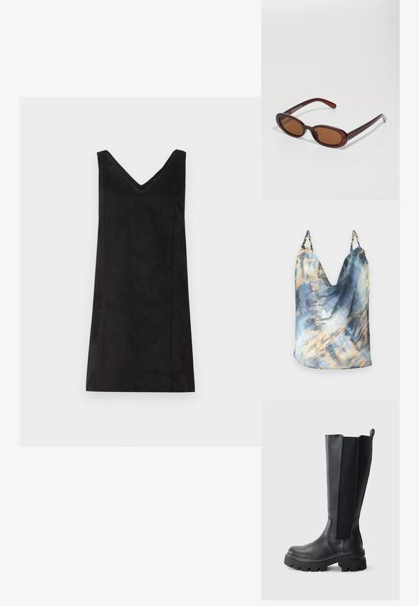 Svetlo modré bezrukávové tričko s abstraktným vzorom, ktorý má zlaté a svetlomodré akcenty; voľný strih, mäkká tkanina, zapletené ramienka.; Čierne bezrukávové šaty s výstrihom do V, vyrobené z mäkkého materiálu, s rovnými líniami a minimálnymi detailmi. Hladká textúra.; Čierne čižmy po kolená s hladkým koženým povrchom a kontrastnými elastickými bočnými panelmi. Masívna gumová podrážka s výrazným dezénom.; Okrúhle slnečné okuliare s hnedým nádychom a lesklým burgundským rámom. Úzke ramená s jemným brandovaním. Plochej šošovky dizajn.; Tkaná bordó kožená kabelka s kulatým tělem, silným uchem a zipovým uzavřením. Vyznačuje se hladkým povrchem a propleteným vzorem.