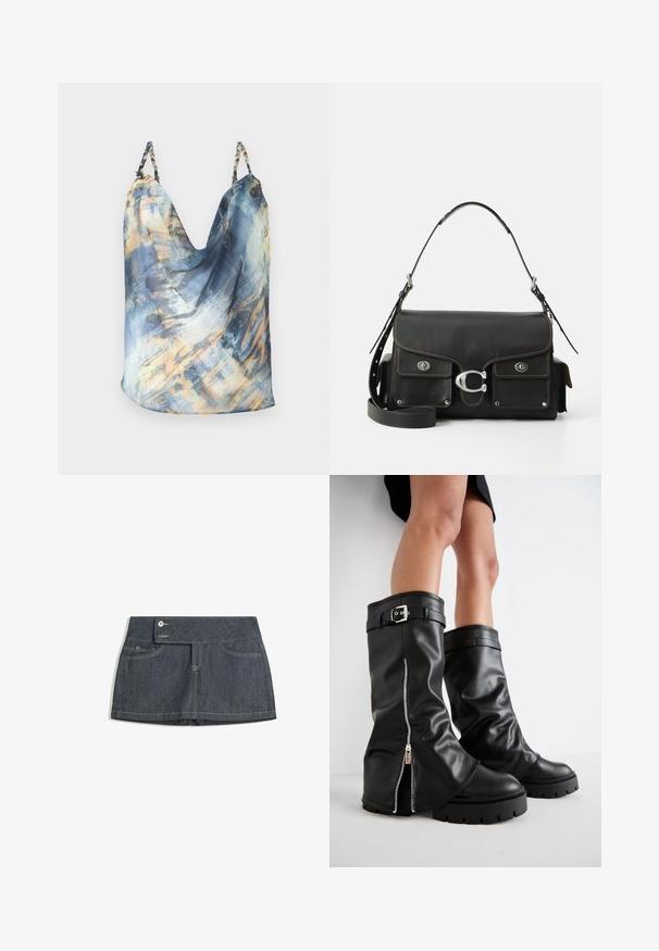 Ärmelloses Oberteil in Blau mit einem abstrakten Muster, das goldene und hellblaue Akzente aufweist; drapierter Schnitt, weicher Stoff, geflochtene Träger.; Dunkelblauer Denim-Rock mit hohem Bund, ausgestattet mit zwei Vordertaschen, einem Knopfverschluss und kontrastierendem Nähen entlang der Kanten.; Schwarze Lederstiefel bis zum Knie mit weiter Schaftweite, seitlichem Reißverschluss und Schnallenakzent, strukturierter Oberfläche und robuster Gummisohle.; Schwarze lederne Handtasche mit Klappenverschluss, silbernen Beschlägen, zwei Vordertaschen, kontrastierenden Nähten und einem abnehmbaren Schultergurt.