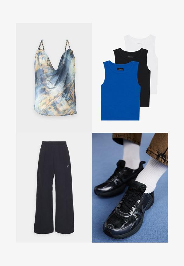Sleeveless top in blue with an abstract pattern featuring gold and light blue accents; draped design, soft fabric, braided straps.; Three sleeveless shirts in blue, black, and white. The fabric is ribbed with a round neckline. Each shirt has a tag labeled “even&odd.”; Black wide-leg pants with an elastic waistband and a small white Nike logo. Fabric has a smooth texture, designed for comfort and casual wear.; Black Nike sports shoes feature a mesh upper with shiny accents, black laces, and a textured sole. Paired with white ribbed socks.