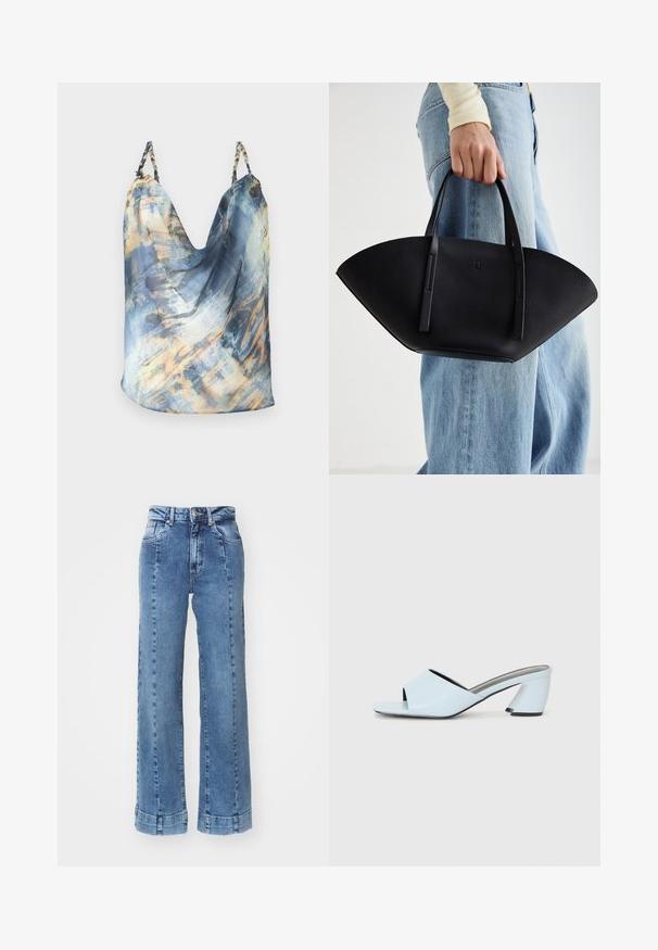 Srajca brez rokavov v modri barvi z abstraktnim vzorcem, ki vsebuje zlate in svetlo modre akcenta; drapirana zasnova, mehak material, pleteni trakovi.; Svetlo modri široki jeans s visoko pasom, z sprednjimi žepi in šivanim detajlom. Rob je zavihan in ušit.; Svetlo modre sandale na peto z odprtim prstom in geometrijskim vzorcem, ki imajo širok trak čez nogo in masiven, kotni višji del.; Črna usnjena torbica z edinstveno obliko ventilatorja, z ravnimi ročaji. Površina ima teksturo z drobnimi kamni in minimalističen dizajn.