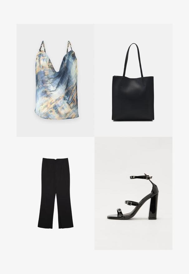 Mouwloos top in blauw met een abstract patroon met gouden en lichtblauwe accenten; gedrapeerd ontwerp, zachte stof, gevlochten banden.; Zwarte broek met een rechte pasvorm, voorzien van zijzakken en plooien aan de onderzijde. Gemaakt van zachte, gladde stof. Geschikt voor verschillende gelegenheden.; Zwarte patent lederen sandalen met hoge hakken, twee gespenbanden, een vierkante neus en een stevige blokhak, met een gladde, glanzende textuur.; Zwarte leren handtas met een gladde textuur, rechthoekige vorm en twee lange handvaten. Geen zichtbare hardware of versieringen.
