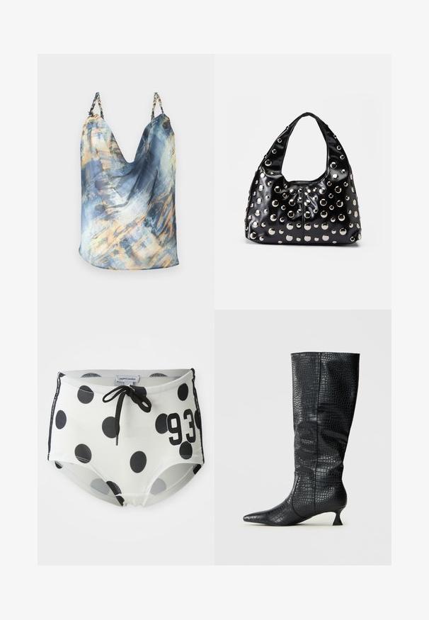 Mouwloos top in blauw met een abstract patroon met gouden en lichtblauwe accenten; gedrapeerd ontwerp, zachte stof, gevlochten banden.; Zwart-witte zwembroek met stippen, voorzien van een trekkoord in de taille, met het nummer "93" op de voorkant en een gladde, elastische stof.; Kniehoge zwarte faux leren laarzen met een glanzende krokodillenstructuur, spitse neus en een slanke, hoekige hak. Klassiek ontwerp en elegante silhouet.; Zwart gepatineerd leren handtas met een afgeronde vorm, voorzien van zilveren metalen studs in verschillende maten en een brede schouderband voor eenvoudig dragen.