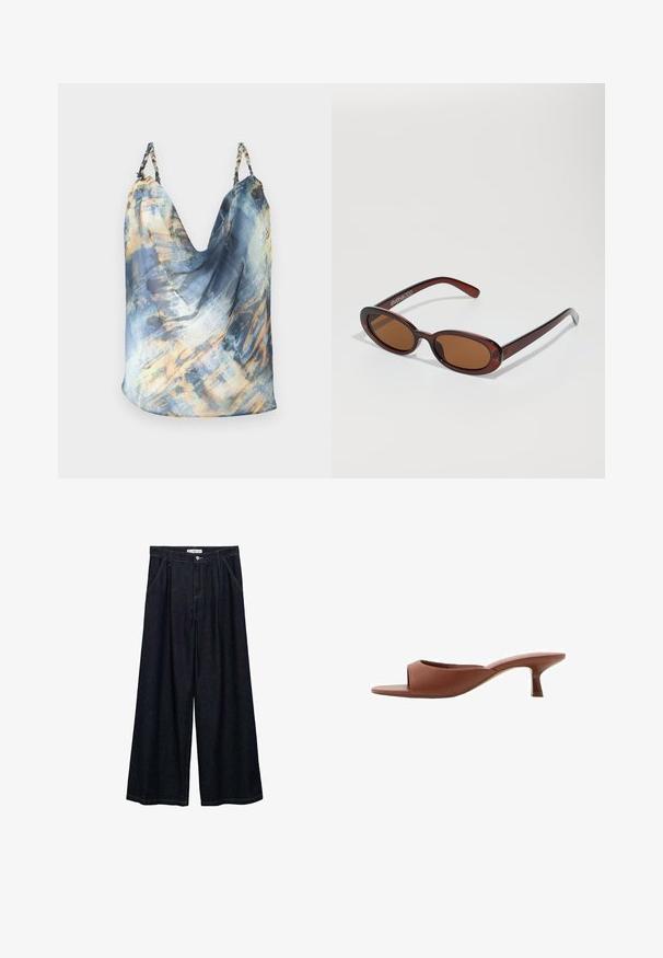 Bez rękawów, niebieska bluzka z abstrakcyjnym wzorem, posiadającym złote i jasnoniebieskie akcenty; drapowany fason, miękka tkanina, plecione ramiączka.; Ciemnoniebieskie spodnie o szerokich nogawkach z wysokim stanem, z zamknięciem na guzik z przodu, dwoma bocznymi kieszeniami oraz detalami w szwach.; Brązowe klapki na obcasie z odsłoniętymi palcami, o gładkim, matowym wykończeniu, z zakrzywionym kształtem i przezroczystym, zwężającym się obcasem.; Okrągłe, brązowe okulary przeciwsłoneczne z błyszczącą bordową oprawą. Cienkie ramiona z subtelnym detalem marki. Płaski kształt soczewek.