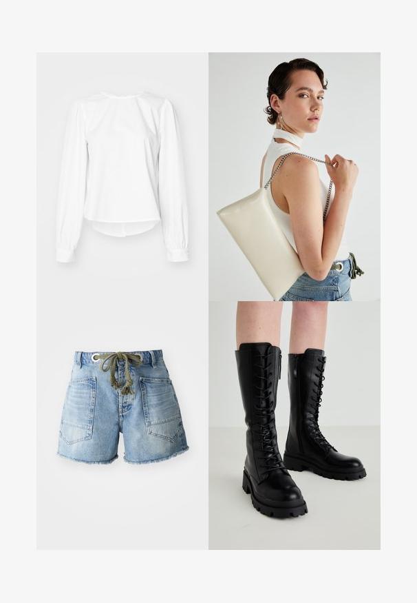 White long-sleeve blouse with a relaxed fit, featuring puffed sleeves, a rounded neckline, and buttoned cuffs. Smooth, crisp texture.; White sleeveless top with a high neckline, draped fabric, and a long side tie. Smooth texture and fitted silhouette.; Denim shorts in light blue with frayed hem. Features two back pockets and a drawstring with silver grommets for an adjustable fit.; Black leather knee-high boots with a lace-up front, side zipper, chunky rubber sole, and textured detailing on the upper.; White rectangular clutch bag made of glossy material, featuring a silver chain strap. Model poses, showcasing the bag against a plain background.