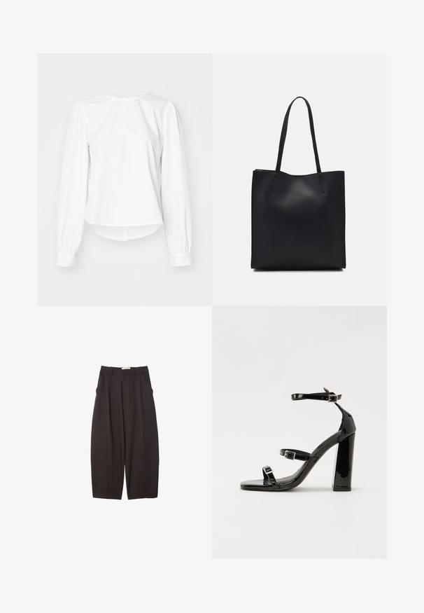 Weiße Bluse mit langen Ärmeln und lockerer Passform, die Puffärmel, einen runden Halsausschnitt und geknöpfte Manschetten aufweist. Glatte, knackige Textur.; Schwarze weit geschnittene Hosen aus einem glatten Stoff, mit hoher Taille, Frontfalten und Seitentaschen. Schlichtes Design ohne Verzierungen.; Schwarze patentierte Sandalen mit Absatz, quadratischer Spitze, Knöchelriemen und silbernen Schnallen. Mit einem stabilen Blockabsatz für mehr Stabilität.; Schwarze Laptoptasche aus Leder mit glatter Textur, rechteckiger Form und zwei langen Griffen. Keine sichtbaren Beschläge oder Verzierungen.
