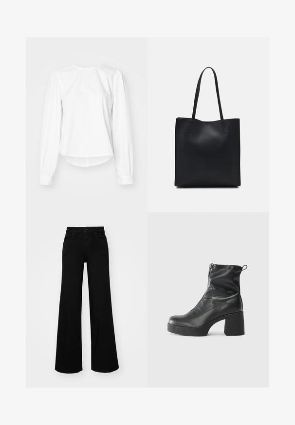 Blusa bianca a maniche lunghe con una vestibilità rilassata, caratterizzata da maniche a sbuffo, scollo rotondo e polsini con bottoni. Tessuto liscio e croccante.; Pantaloni neri a gamba larga in denim, con una vita strutturata, passanti per la cintura e tasche frontali. Texture liscia con un design classico.; Stivali neri alla caviglia in pelle liscia, con zip laterale, tacco spesso e texture, e punta arrotondata.; Borsa tote in pelle nera con texture liscia, forma rettangolare e due manici lunghi. Nessun hardware o decorazione visibile.