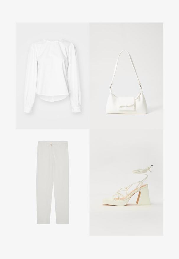 Hvit langermet bluse med en avslappet passform, med puffede ermer, rund halsringning og knapper ved håndleddene. Glatt, sprø tekstur.; Hvite, skreddersydde bukser med rette ben, med knapplukking, beltehemper og sidelommer; glatt tekstur.; Hvit høyhælte sandal med kraftig hæl, med en stroppe-design og ankelbånd. Glatt tekstur med plattform foran for ekstra høyde.; Hvit syntetisk håndveske med trekantet form, flat klaff foran og sløyfe detaljer, justerbar stropp, glatt tekstur og minimalistisk design.