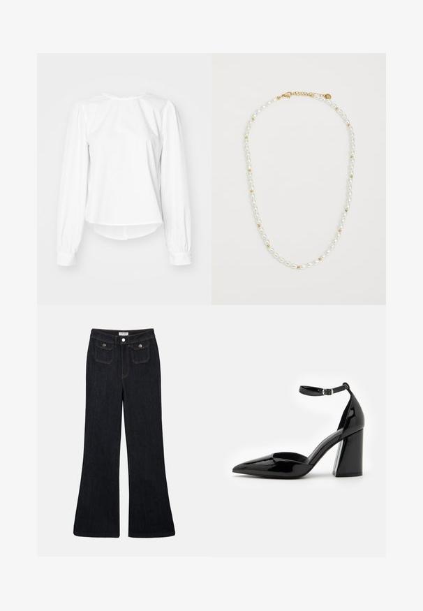 Hvit langermet bluse med en avslappet passform, med puffede ermer, rund halsringning og knapper ved håndleddene. Glatt, sprø tekstur.; Utsvingte mørke denimbukser med høy midje, to frontlommer og oransje søm. Materialet ser robust og glatt ut.; Sorte lakksko med høy hæl, spiss tå, ankelrem og bred blokk hæl for stabilitet, med en glatt og blank overflate.; Perlekjede med alternierende hvite ovale perler og små gullperler, med en gulllås for feste. Jevn tekstur totalt.
