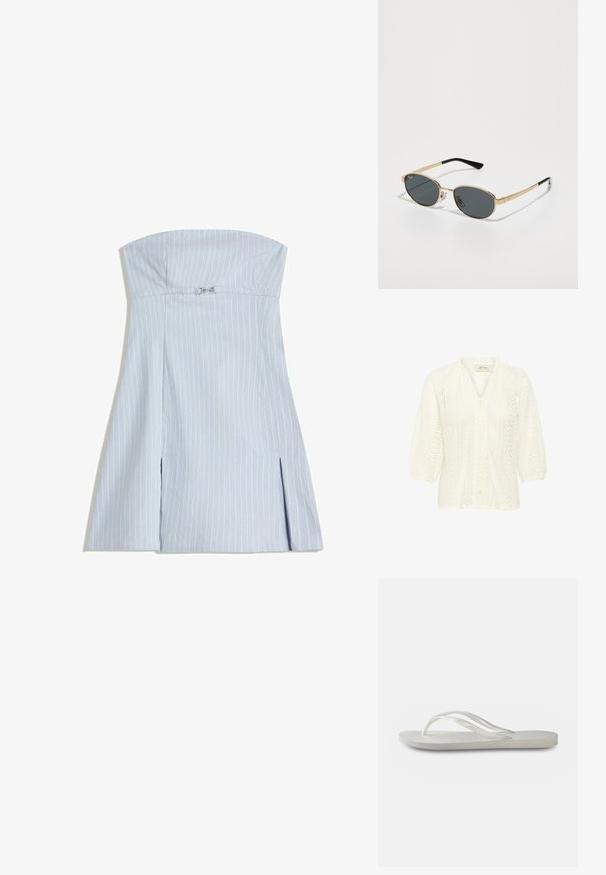 Bijela bluza s teksturiranim čipkastim uzorkom, tričetvrtastim nabranim rukavima, kopčanjem na gumbe sprijeda i visokim ovratnikom s naboranom rubnom obradom.; Haljina bez naramenica, svijetloplava, s vertikalnim bijelim prugama, s uskim gornjim dijelom i dva prednja proreza, izrađena od glatkog materijala. Srebrni detalji.; Bijele japanke s teksturiranom podlogom, s tankim trakama i ravnim dizajnom. Izrađene od gume s suptilnim logotipom na unutrašnjosti.; Zlatne metalne sunčane naočale s ovalnim sivim staklima, tankim drškama i plastičnim crnim vrhovima. Sadrže logo na okviru i podesive nosne jastučiće.; Smešasta smeđa kožna torba za rame u obliku polumjeseca, ukrašena srebrnim i zlatnim okruglim zakovicama u cvjetnim i kružnim uzorcima.