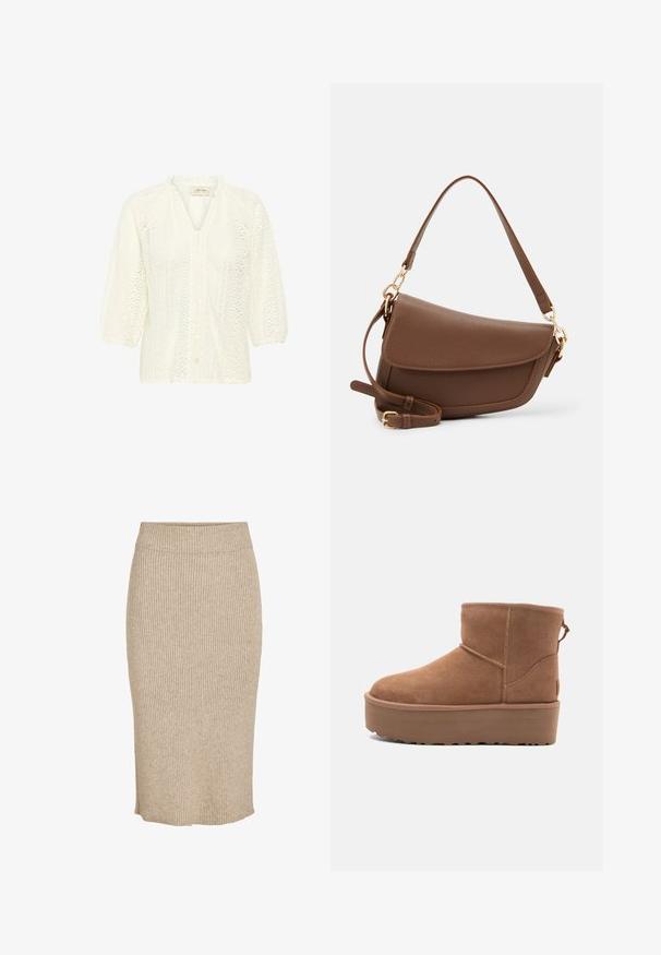 Weiße Bluse mit einem strukturierten Spitzenmuster, dreiviertellangen Puffärmeln, einer Knopfleiste und einem hohen Ausschnitt mit einem Rüschensaum.; Strickrock in einem hellbeigen Farbton mit vertikal gerippter Textur, knielang mit elastischem Bund und geradem Schnitt.; Beige Wildleder-Ankle-Boot mit Plateausohle, abgerundetem Zehenbereich und abgesteppten Akzenten; verfügt über eine Zuglasche hinten für einfaches An- und Ausziehen.; Braune Lederschultertasche mit strukturiertem Finish, geschwungener Form, goldfarbenen Beschlägen, verstellbarem Schulterriemen und Klappenverschluss.
