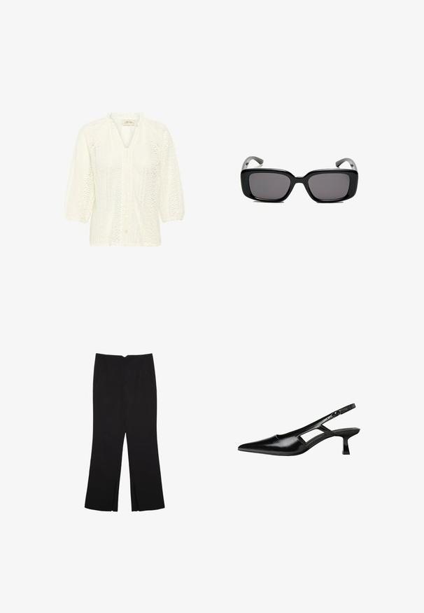 White blouse featuring a textured lace pattern, three-quarter puff sleeves, a button front, and a high neckline with a ruffled edge.; Black trousers with a straight fit, featuring front pockets and side slits at the hem. Made of soft, smooth fabric. Suitable for various occasions.; Black patent leather slingback heels with a pointed toe, cut-out side design, and a small square heel. Smooth texture with minimal accents.; Black rectangular sunglasses with dark lenses, smooth plastic frame, and curved temples. The design is chunky with a minimalist aesthetic.