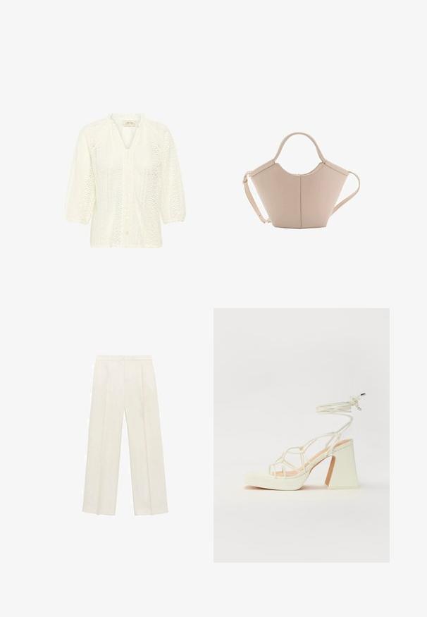 Bílá blůza s texturovaným krajkovým vzorem, tříčtvrteční nabírané rukávy, zapínání na knoflíky a vysokým výstřihem s volánovým okrajem.; Kalhoty s širokými nohavicemi v světle krémové barvě. Vyrobené z hladké tkaniny s záhyby vpředu a bočními kapsami.; Bílé sandály na vysokém podpatku s robustním podpatkem, s designem s pásky a zavazováním kolem kotníku. Hladký povrch s platformou vpředu pro zvýšení výšky.; Beige kožená kabelka s jedinečným tvarem, vybavená dvěma krátkými uchy a dlouhým nastavitelným popruhem. Hladká textura s minimem kovových doplňků.