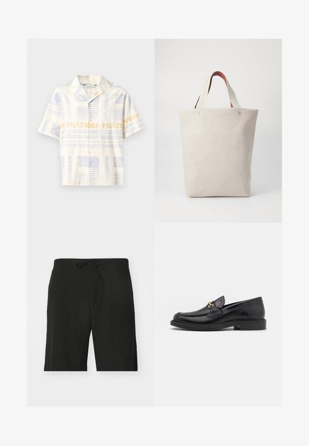 Kurzärmliges Hemd mit Knopfleiste in hellbeige mit blauem und gelbem grafischem Druck, das Textmuster aufweist und ein lässiges Design bietet.; Schwarze Leinen-Shorts mit elastischem Bund, im entspannten Schnitt und knielanger Ausführung. Sanfte Textur, einfacher und klassischer Stil.; Schwarze Lederleter mit einer abgerundeten Zehenpartie, ausgestattet mit goldenen Hardwareakzenten und Stichdetails, auf einer niedrigen, strukturierten Gummisohle.; Tote-Tasche aus hellbeigem Stoff mit strukturiertem Finish, ausgestattet mit zwei kontrastierenden braunen Ledergriffen und Metallakzenten oben.