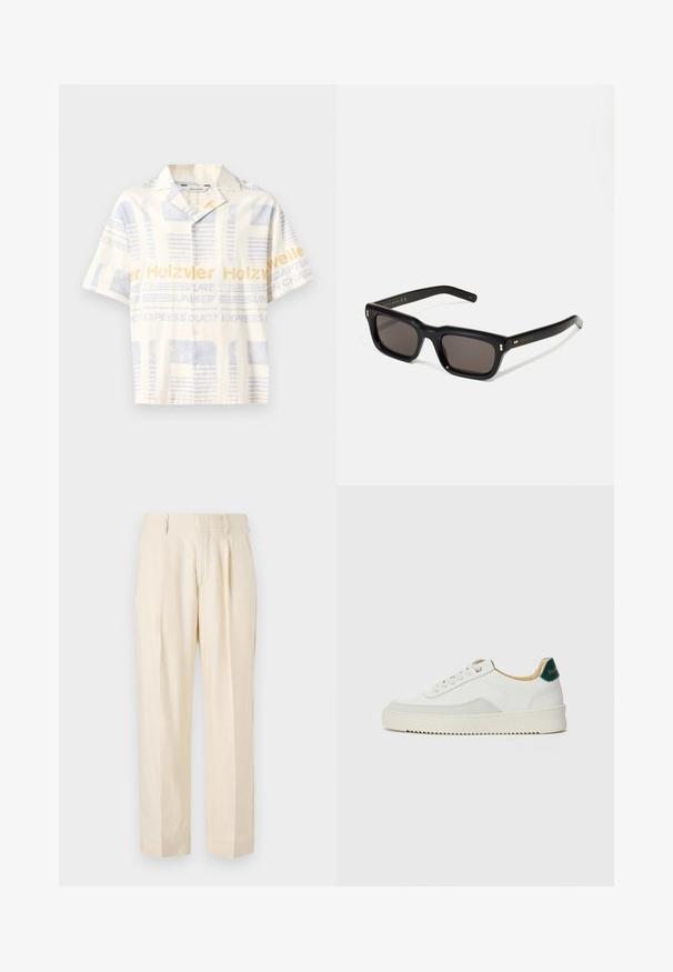 Camicia a maniche corte con bottoni di colore beige chiaro, ornata da una stampa grafica blu e gialla, caratterizzata da motivi testuali e un design dalla vestibilità rilassata.; NN.07 KAY - Pantaloni - off white; Sneaker bianco con accenti in camoscio, punta rotonda, lacci piatti e suola in gomma crema. Presenta un marchio verde sul tallone.; Occhiali da sole neri rettangolari con lenti scure, montatura spessa in plastica, dettagli dorati sulle tempie e logo del marchio inciso sull'asta.