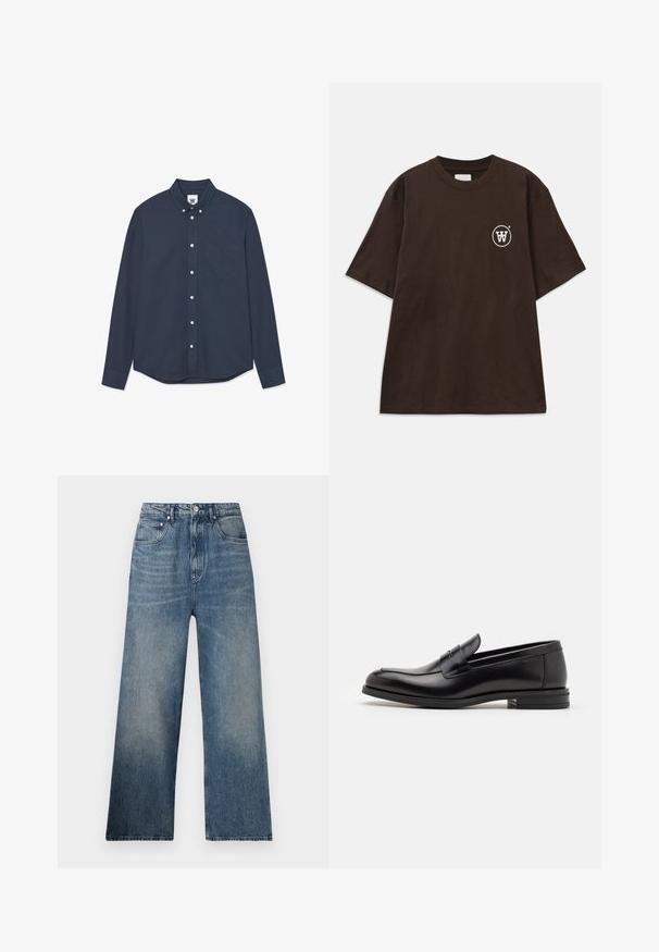 Tamsiai mėlynas ilgomis rankovėmis mygtukinis marškiniai su priekinio krūtinės kišeniu ir mažai siuvinėtu logotipu ant kišenės ir ant etiketės ant apykaklės.; Tamsiai ruda trumpa rankovė T-marškinė su mažu baltu apvaliu logotipu, kuriame pavaizduota susipynusi "W" kairiajame krūtinės kampe.; Mėlynos džinsinės plačios kojos kelnės su aukštu juosmeniu, turinčios subtilių nudilimų, penkis kišenes ir metalinį mygtuko užsegimą priekyje.; Juodos odinės loafers, turinčios lygų paviršių, apvalią noselę ir dekoratyvinę juostą per priekinę dalį. Žemas krentantis kulnas, minimalistinis dizainas.