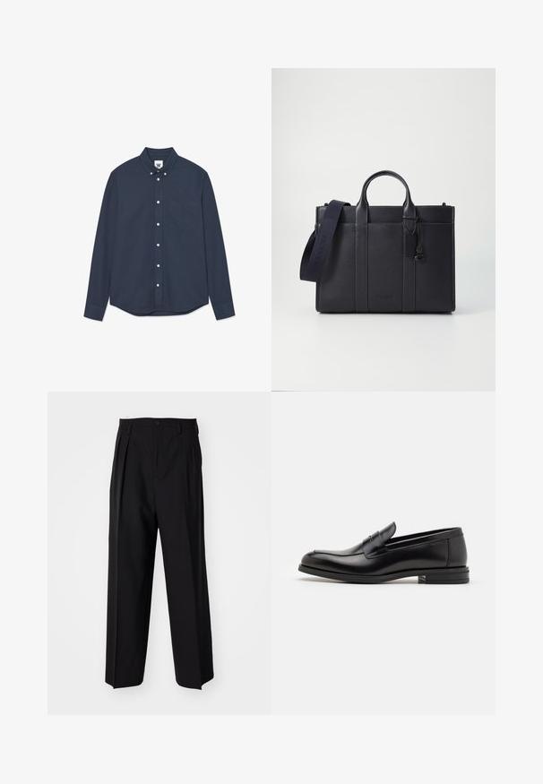 Camisa de botones de manga larga azul marino con un bolsillo en el pecho frontal y pequeño logo bordado en el bolsillo y la etiqueta del cuello.; Pantalones negros plisados con un diseño recto y de pierna ancha. Fabricados en una tela suave, presentan un cierre de botón y trabillas para el cinturón.; Mocasines de cuero negro con una textura suave, puntera redondeada y una tira decorativa en el empeine. Tacón bajo apilado, diseño minimalista.; Maletín de cuero negro marino con dos asas superiores y una correa desmontable. Presenta un acabado texturizado, costura vertical y detalle del logo.