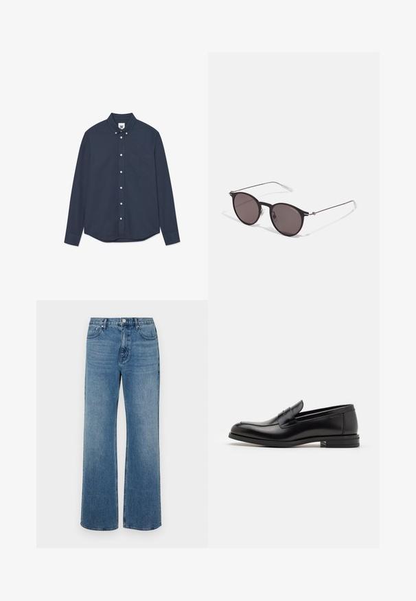 Camicia button-up a maniche lunghe blu navy con taschino sul petto anteriore e piccolo logo ricamato sulla tasca e sull'etichetta del colletto.; Jeans a gamba larga blu in denim con una finitura sbiadita. Presentano cinque tasche, una chiusura con bottone frontale e una vestibilità dritta.; Mocassini neri in pelle con una texture liscia, punta arrotondata e una striscia decorativa sulla tomaia. Tacco basso impilato, design minimalista.; Occhiali da sole neri rotondi con lenti scure e sottili bracci in metallo. Include punte trasparenti e accenti argentati alla cerniera. Design minimalista.