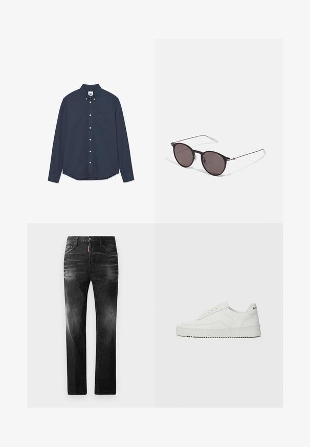Dunkelblaue Langarmhemd mit Knopfleiste, Frontbrusttasche und kleinem gesticktem Logo auf der Tasche und dem Kragenetikett.; Schwarze Jeans aus Denim mit geradem Schnitt. Verfügt über ausgebleichte Bereiche, leichte Abnutzung, klassisches Fünf-Taschen-Design und einen Knopfverschluss.; Weiße Ledersneaker mit glatter Oberfläche, runder Zehenpartie, flachen Schnürsenkeln und strukturiertem Sohlenprofil. Mit einem dezenten Logo an der Ferse.; Schwarze runde Sonnenbrille mit dunklen Gläsern und schlanken Metallbügeln. Enthält klare Tempelspitzen und silberne Akzente am Scharnier. Minimalistisches Design.