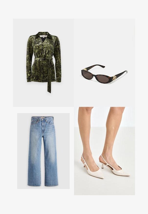 Diane von Furstenberg LARGARDE - Hemdbluse - green; Helleblaue Jeans mit weitem Bein und hoher Taille, mit ausgewaschenen Stellen, fünf Taschen und Kontrastnähten. Klassische Knopf- und Reißverschlussöffnung.; Beige Lackleder Slingback-Absätze mit spitzem Fuß und 5 cm Absatz, mit ausgeschnittenen Seiten und einem schmalen Knöchelriemen.; Schildpatt-Sonnenbrille mit länglich-ovalen Gläsern, braunem Farbton, goldenen Logo-Akzenten an den Bügeln und schlanken schwarzen Bügeln.; Schwarze, gesteppten Lederhandtasche mit einer goldfarbenen Kettenriemen und einem Drehverschluss, der mit einem runden Akzent verziert ist. Kompakte rechteckige Form.