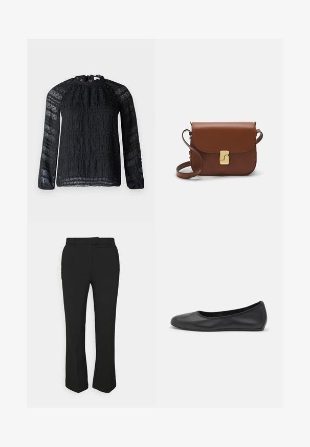 Hofmann Copenhagen JOSEFINA - Camicetta - black; Pantaloni neri su misura con design a gamba dritta, dotati di passanti per cintura e tasche laterali. Realizzati in tessuto liscio con una finitura pulita.; Pantofole da balletto nere in pelle con punta arrotondata, texture liscia, dettagli di cucitura minimi e design con suola flessibile.; Borsa a tracolla in pelle marrone con chiusura a pattina, hardware color oro, tracolla e una finitura liscia. Forma rettangolare compatta.