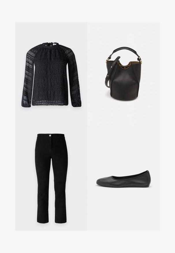 Hofmann Copenhagen JOSEFINA - Blūze - black; Melnas zamša bikses ar taisnu kāju dizainu, kurām ir priekšējais pogu aizdari un minimāli izšuvumi. Mīksta tekstūra un nav rakstu.; Melna ādas baleta kurpe ar noapaļotu purngalu, gludu tekstūru, minimālu šuvju detalizāciju un elastīgu zoles dizainu.; Melnas ādas spainīša somas ar teksturētu apdari, zelta metāla aksesuāriem un atvērtu augšu. Piedāvā īsu rokturi un regulējamu plecu siksnu.