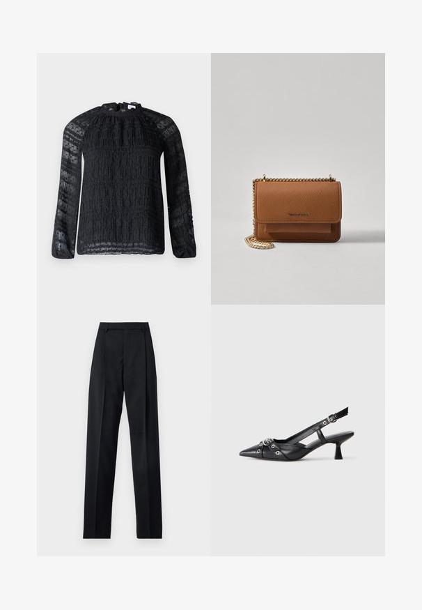 Hofmann Copenhagen JOSEFINA - Blůza - black; Černé kalhoty vyrobené z hladké tkaniny, vybavené vysokým pasem, širokými nohavicemi, předními záhyby a klasickými poutky na opasek. Nejsou viditelné boční kapsy.; Černé kožené slingback boty s špičatou špičkou, dekorativními pásky s kovovými očky a nízkým blokovým podpatkem. Texturovaný povrch.; Hnědá texturovaná kožená kabelka přes rameno se zlatým řetízkovým popruhem a klopnovým uzavíráním. Přední strana obsahuje detail loga a kapsu pod klopou.